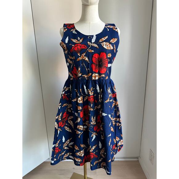 Vintage Handmade Dress Hawaiian hibiscus Print Knee Length Size Small Blue Red - Picture 2 of 9